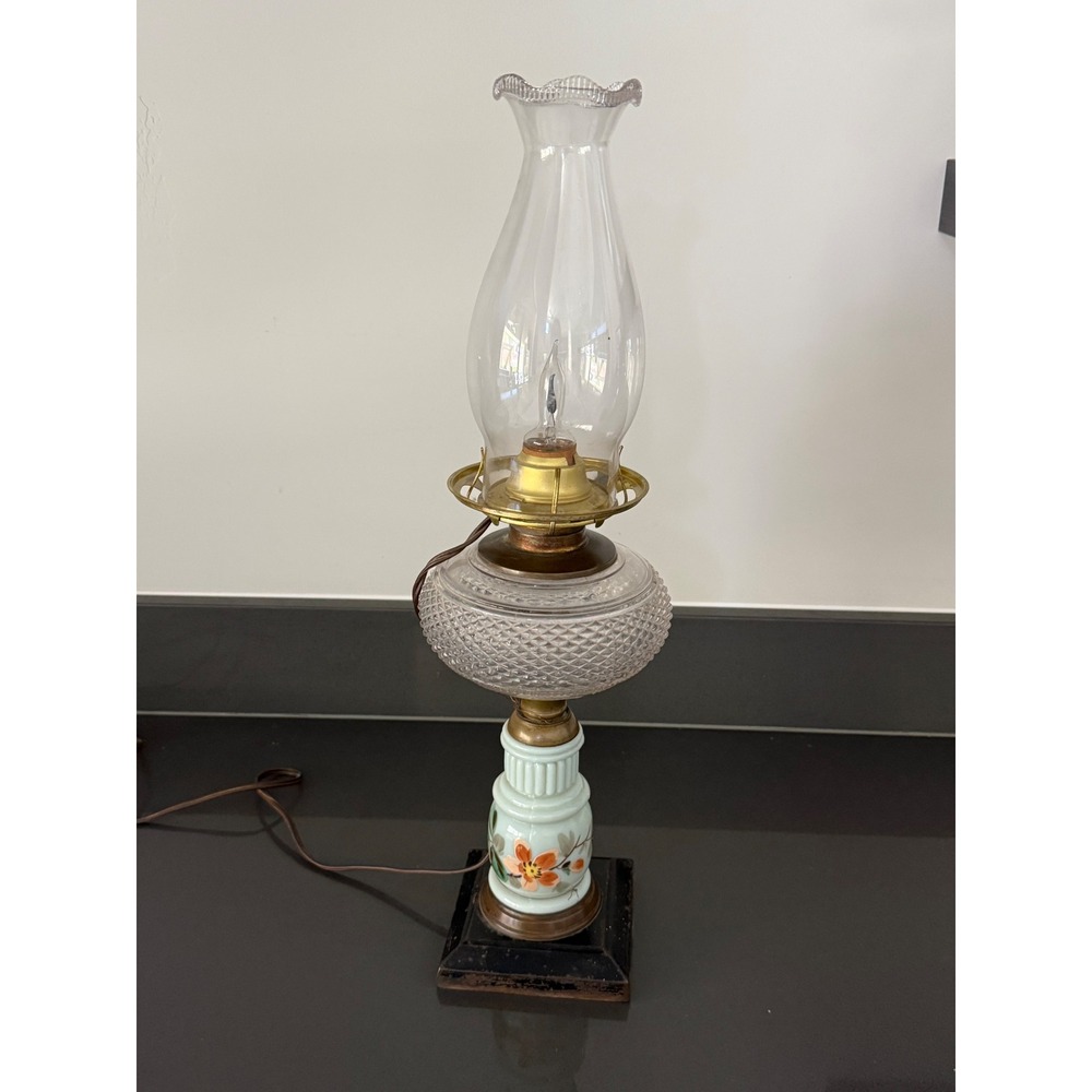 Vintage Electric Hurricane Lamp Floral Milk Glass Hobnail Clear Red Flame Bulb
